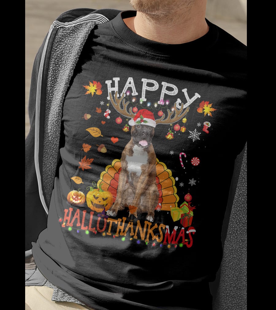 Happy Hallothanksmas Boxer Dog Halloween Turkey Christmas Lights T-Shirt