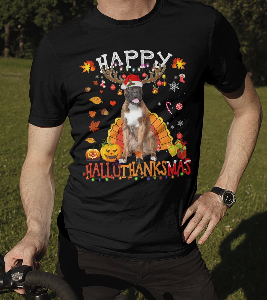 Happy Hallothanksmas Boxer Dog Halloween Turkey Christmas Lights T-Shirt