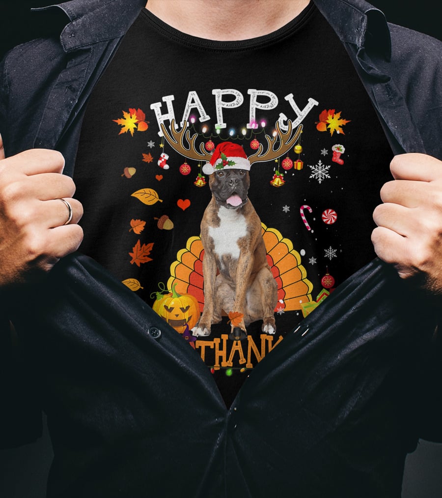 Happy Hallothanksmas Boxer Dog Halloween Turkey Christmas Lights T-Shirt