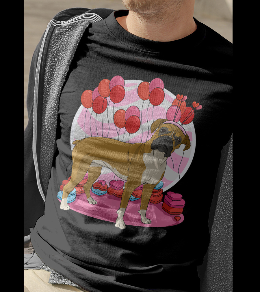 Boxer Dog With Heart Antlers And Balloons Valentine Decor T-Shirt