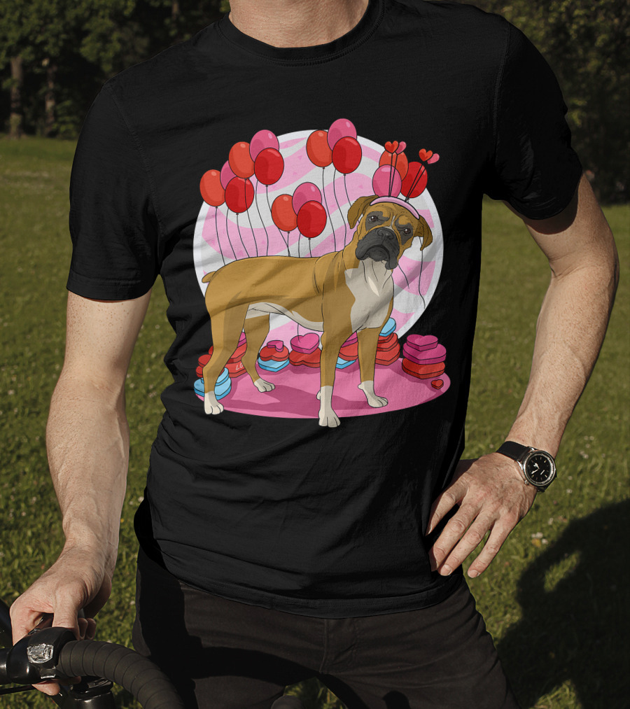 Boxer Dog With Heart Antlers And Balloons Valentine Decor T-Shirt