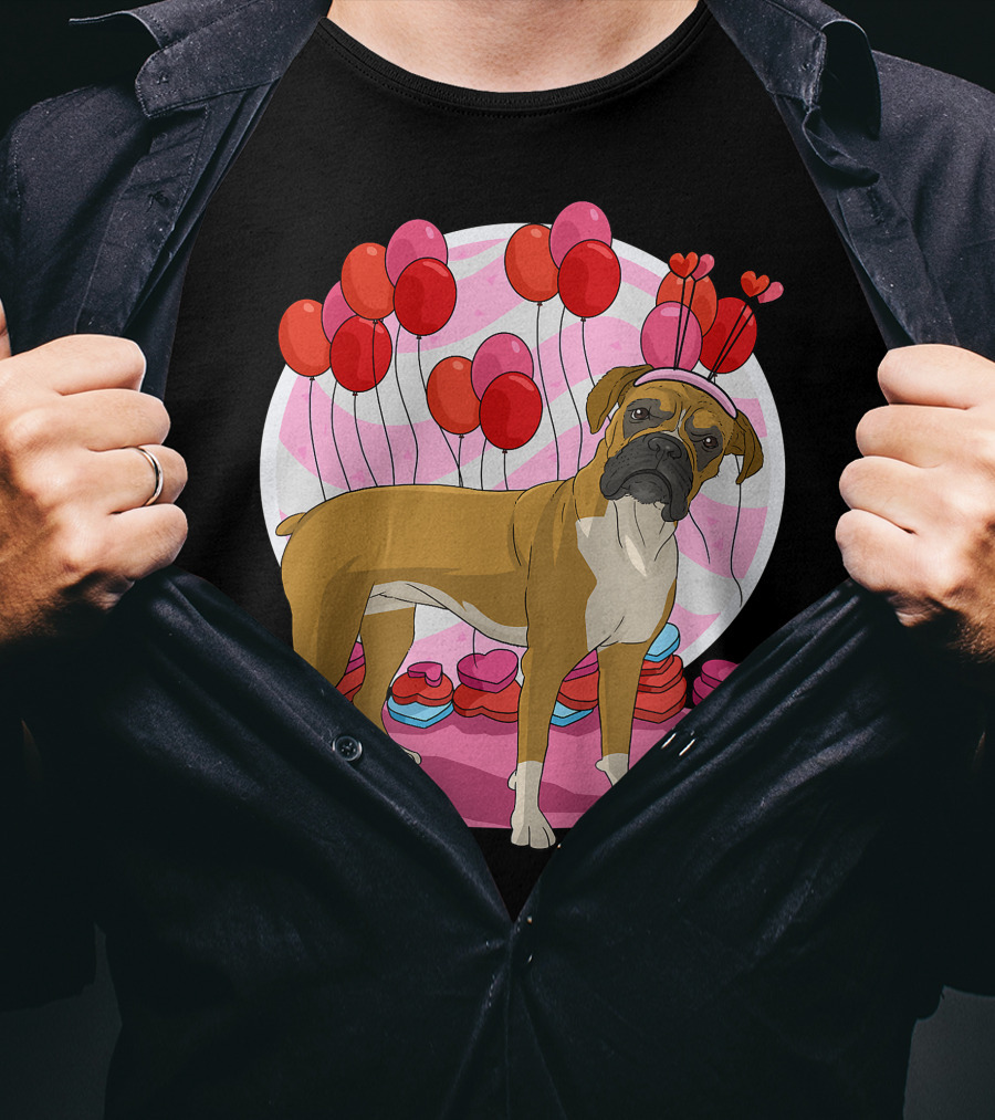 Boxer Dog With Heart Antlers And Balloons Valentine Decor T-Shirt