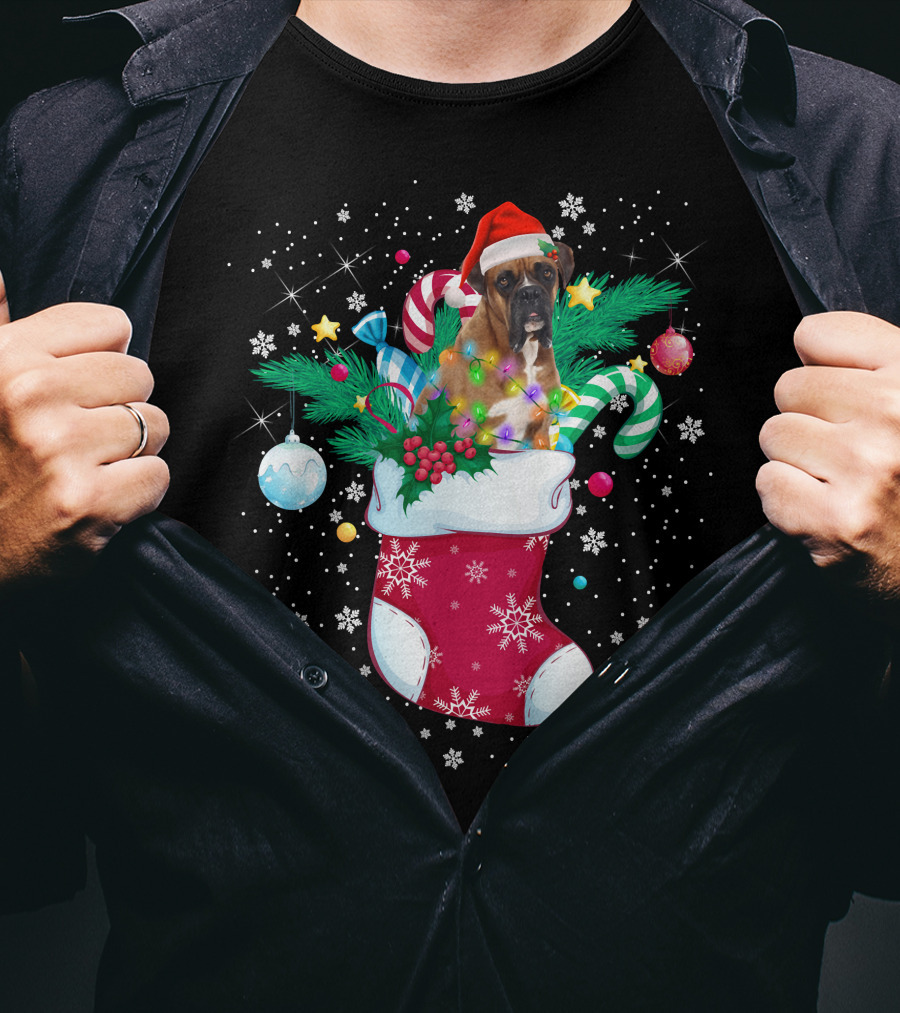 Boxer Dog In Santa Hat With Candy Canes In Christmas Stocking T-Shirt