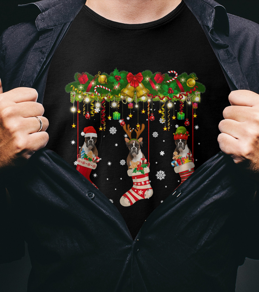 Boxer Dog In Christmas Stocking Santa Hat Reindeer Antlers Santa EL T-Shirt