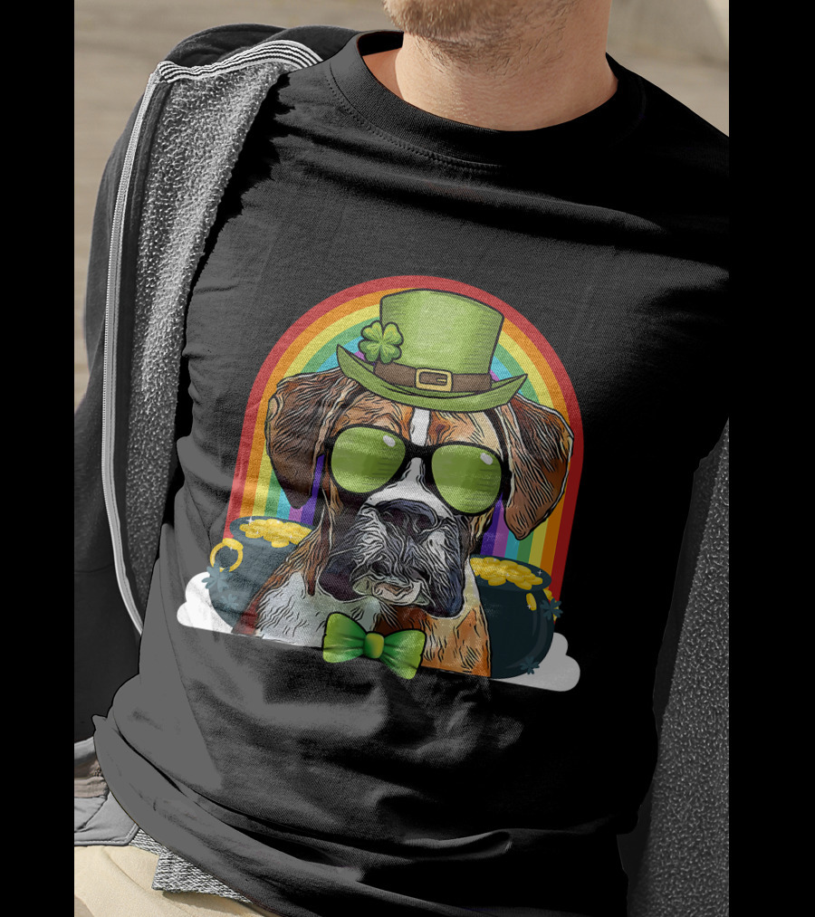 Boxer Dog Leprechaun Funny St Patricks Rainbow Hat Bow Tie Shamrocks T-Shirt