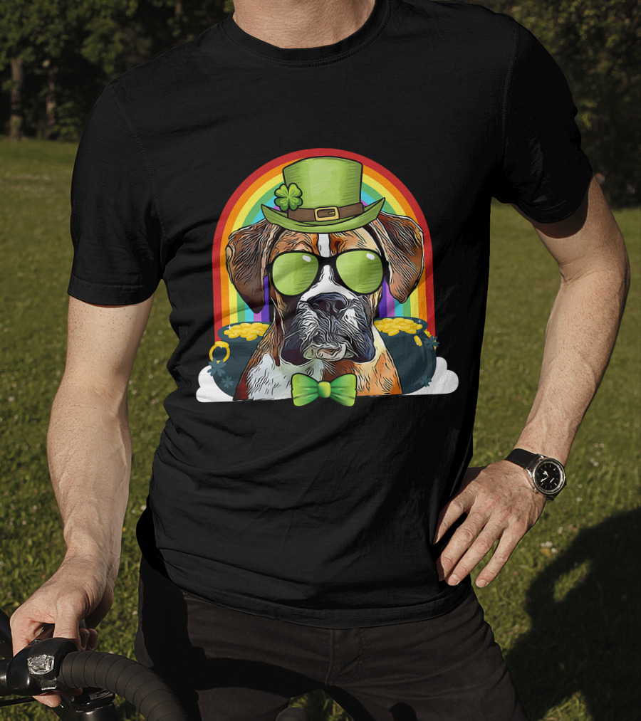Boxer Dog Leprechaun Funny St Patricks Rainbow Hat Bow Tie Shamrocks T-Shirt