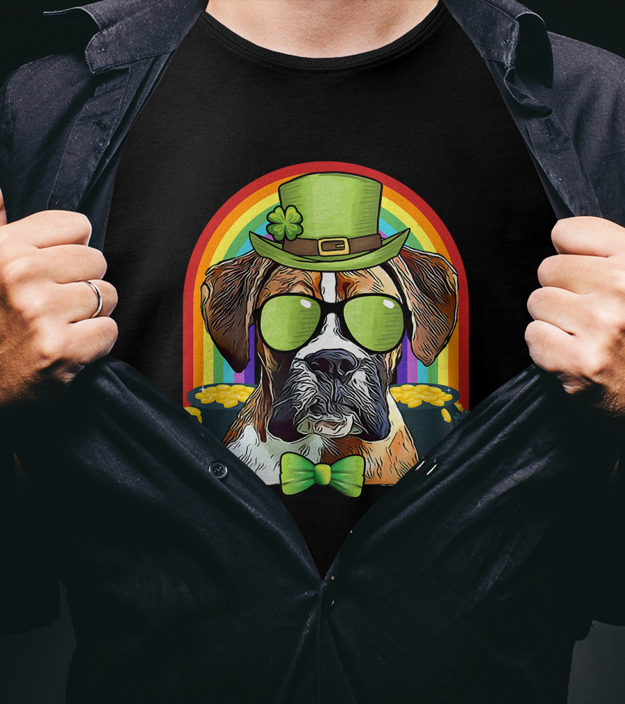 Boxer Dog Leprechaun Funny St Patricks Rainbow Hat Bow Tie Shamrocks T-Shirt