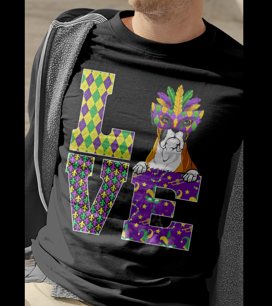 Boxer Dog Lover Mardi Gras Costume Mask Fleur De Lis Pattern Love T-Shirt