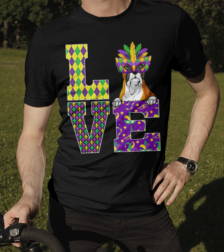 Boxer Dog Lover Mardi Gras Costume Mask Fleur De Lis Pattern Love T-Shirt