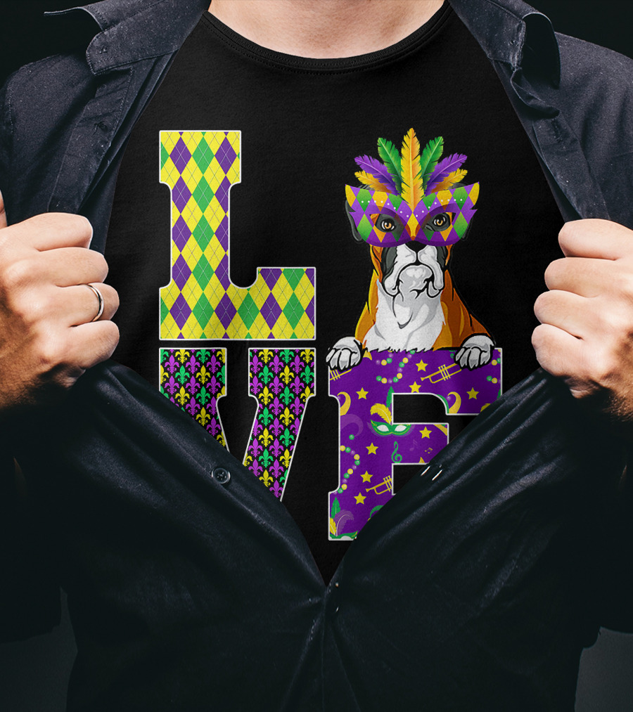Boxer Dog Lover Mardi Gras Costume Mask Fleur De Lis Pattern Love T-Shirt