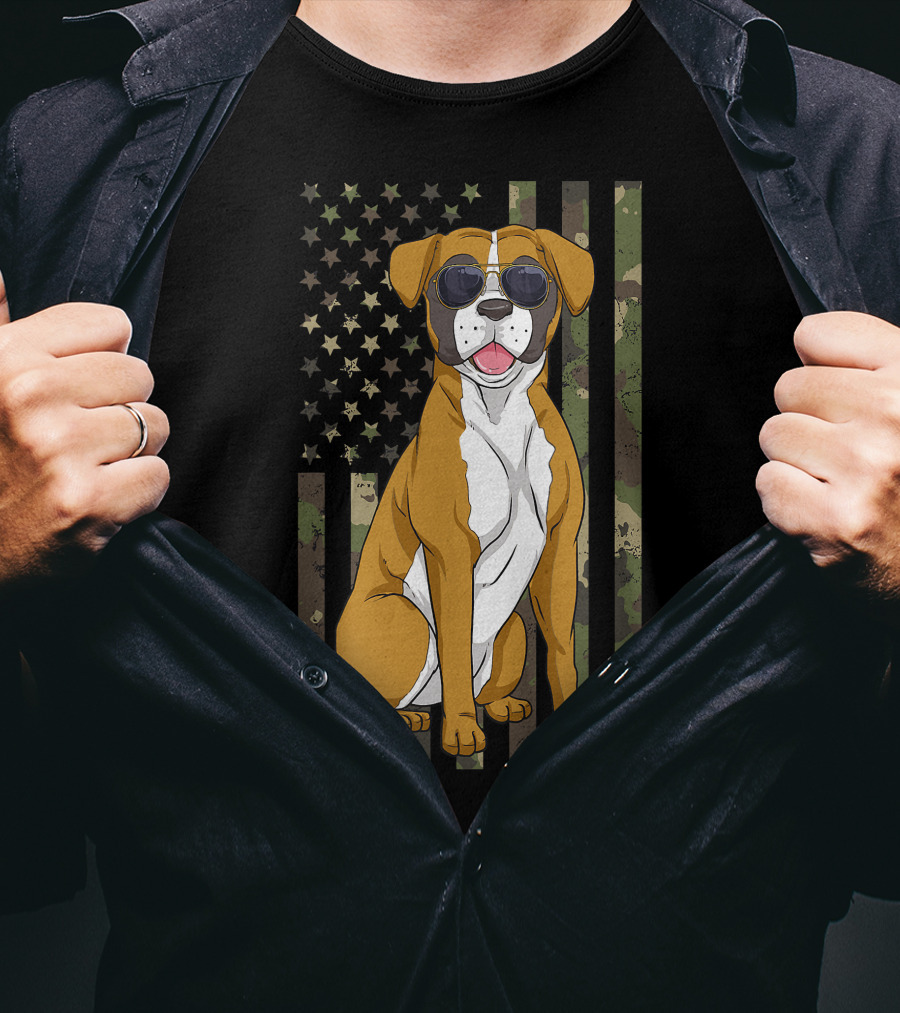 Boxer Dog Men Women Boxer Dad Mom Camo USA Flag Sunglasses T-Shirt