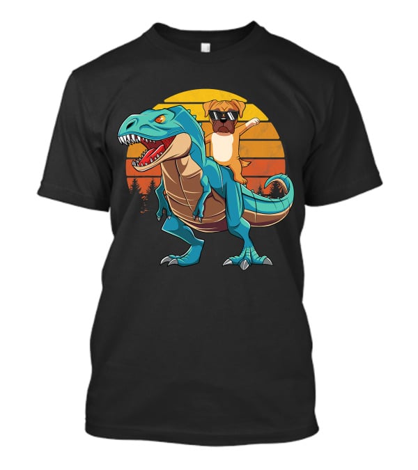 Boxer Dog Riding Dinosaur Rex Boys Girl Sunglasses Sunset T-Shirt