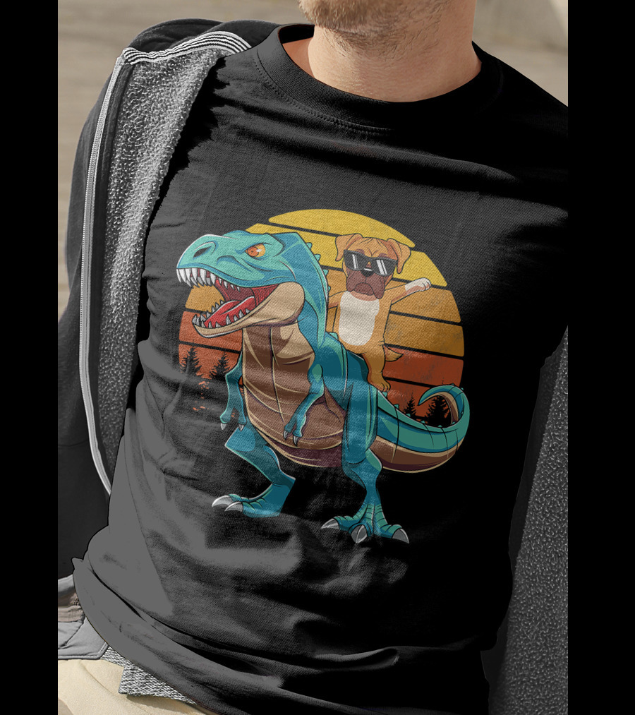 Boxer Dog Riding Dinosaur Rex Boys Girl Sunglasses Sunset T-Shirt
