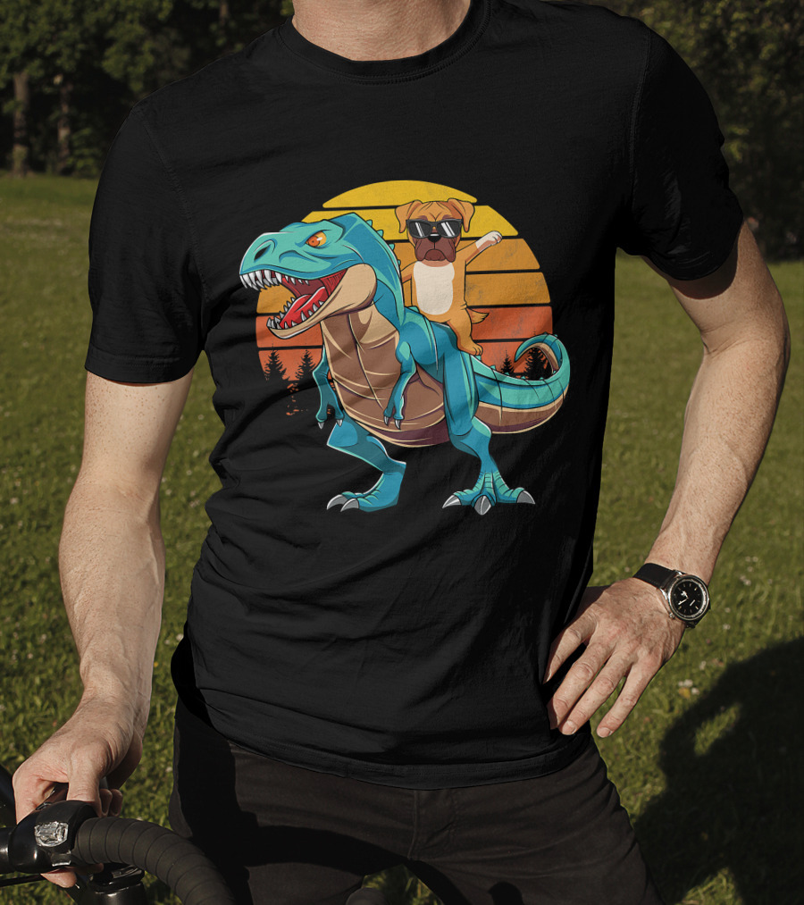 Boxer Dog Riding Dinosaur Rex Boys Girl Sunglasses Sunset T-Shirt