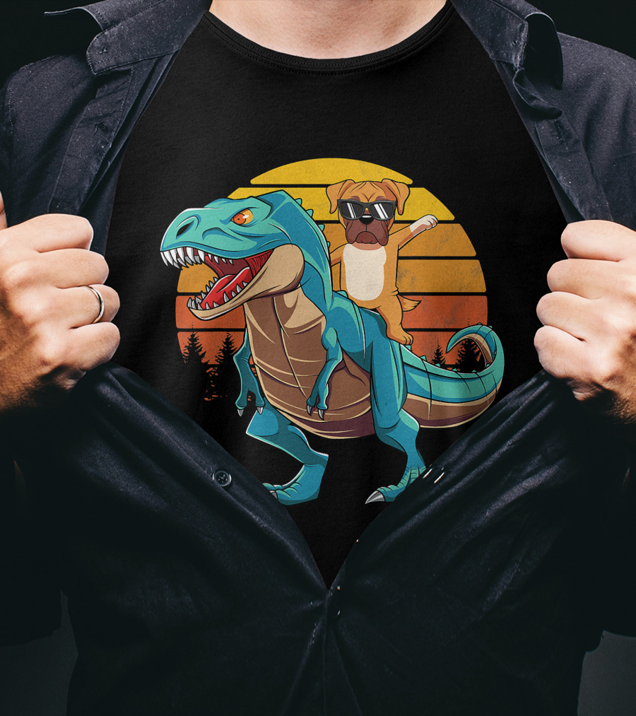 Boxer Dog Riding Dinosaur Rex Boys Girl Sunglasses Sunset T-Shirt