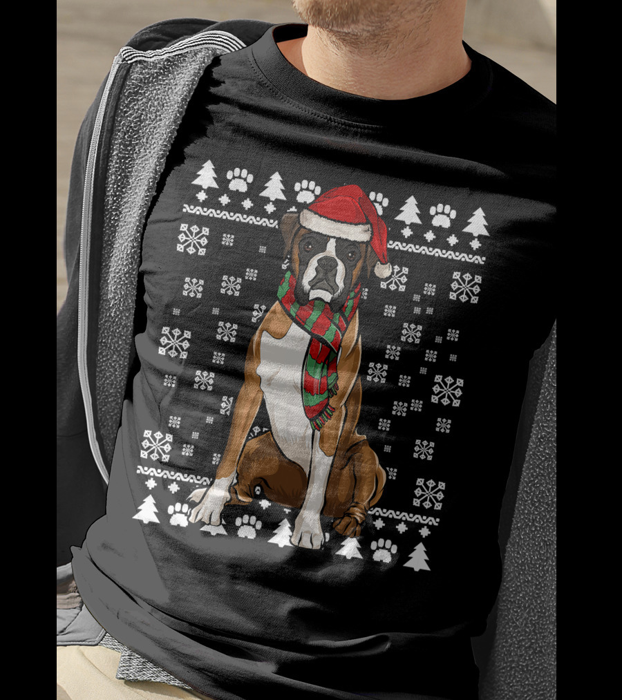 Boxer Dog Santa Hat Christmas Snowflakes Paw Prints Ugly T-Shirt