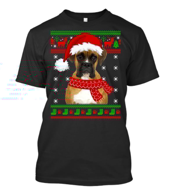 Boxer Dog Christmas Puppy Ugly Sweater Santa Hat Reindeer Snowflakes T-Shirt