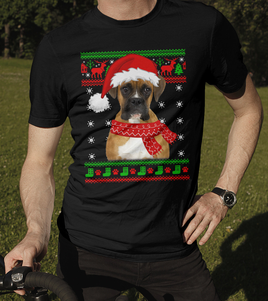 Boxer Dog Christmas Puppy Ugly Sweater Santa Hat Reindeer Snowflakes T-Shirt