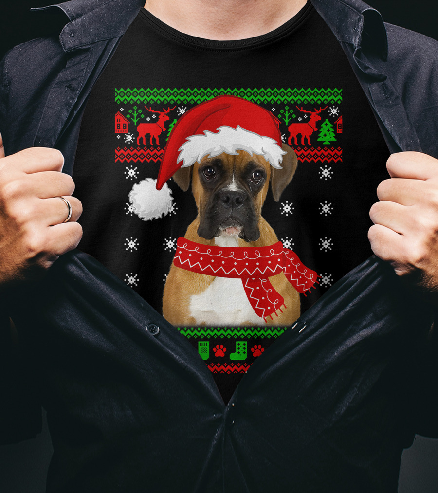 Boxer Dog Christmas Puppy Ugly Sweater Santa Hat Reindeer Snowflakes T-Shirt