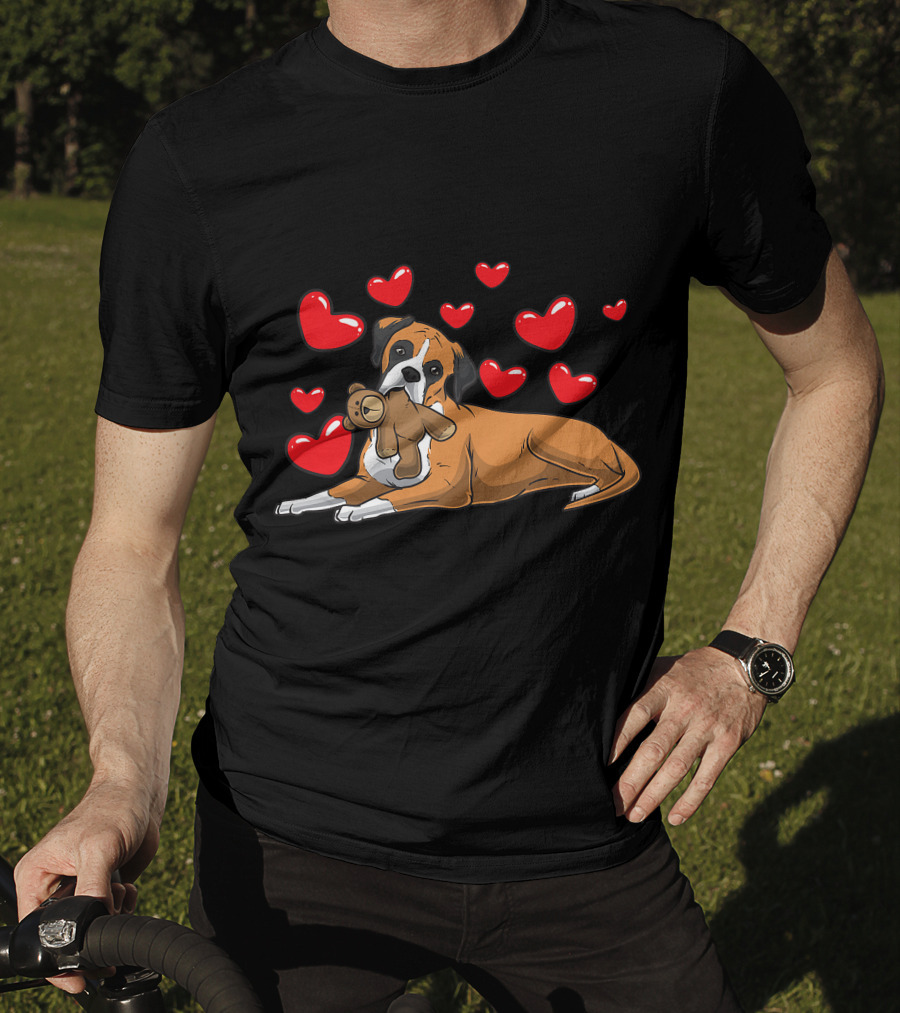 Boxer Dog Cuddling Teddy Bear Surrounded By Red Hearts T-Shirt
