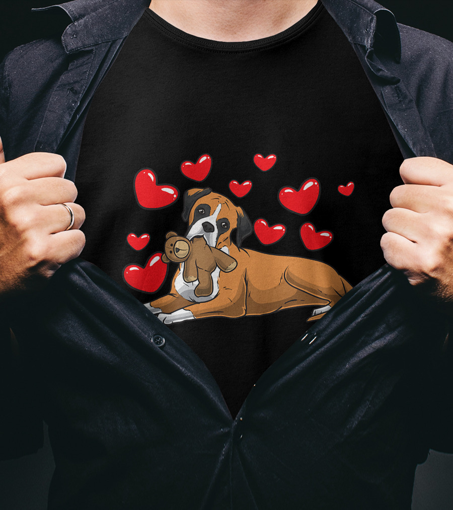Boxer Dog Cuddling Teddy Bear Surrounded By Red Hearts T-Shirt