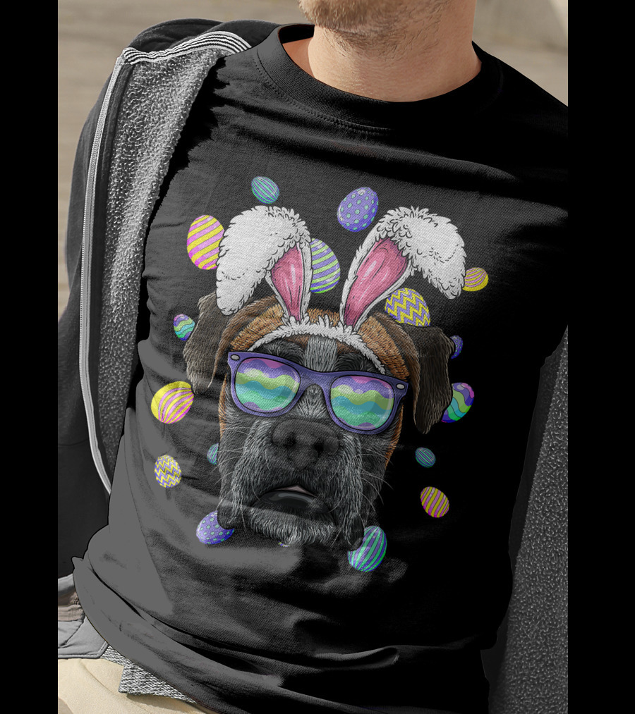 Boxer Dog With Bunny Ears And Sunglasses Surrounded By Colorful Easter Eggs T-Shirt