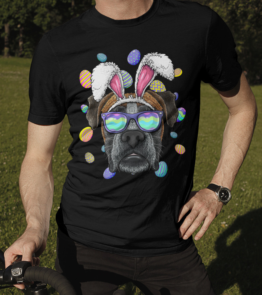 Boxer Dog With Bunny Ears And Sunglasses Surrounded By Colorful Easter Eggs T-Shirt