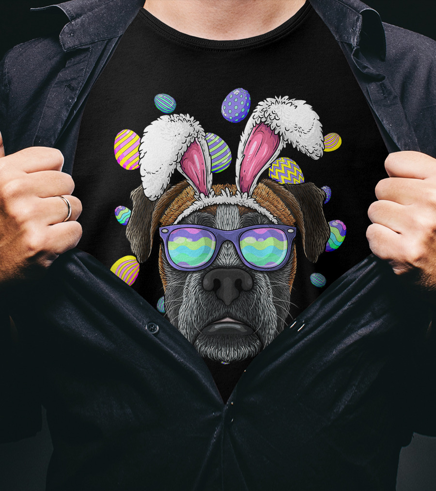 Boxer Dog With Bunny Ears And Sunglasses Surrounded By Colorful Easter Eggs T-Shirt