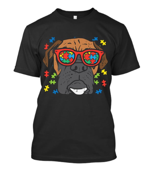 Boxer Face With Puzzle Glasses For Autism Awareness T-Shirt