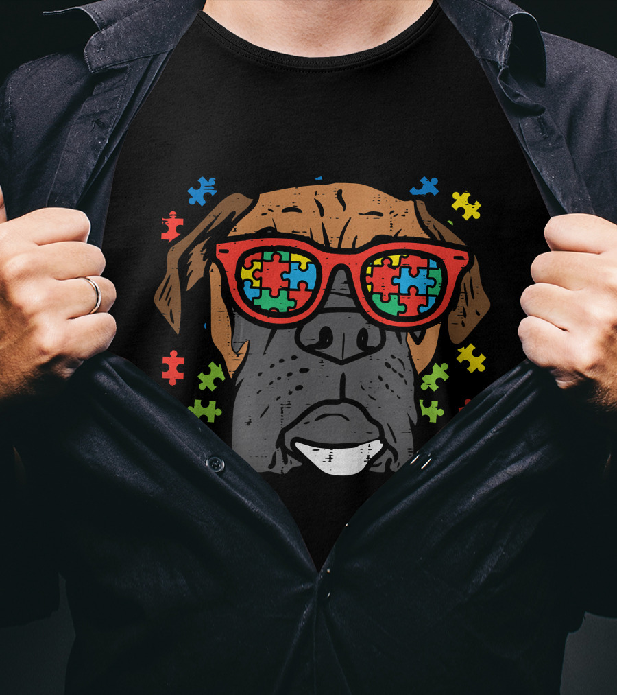 Boxer Face With Puzzle Glasses For Autism Awareness T-Shirt