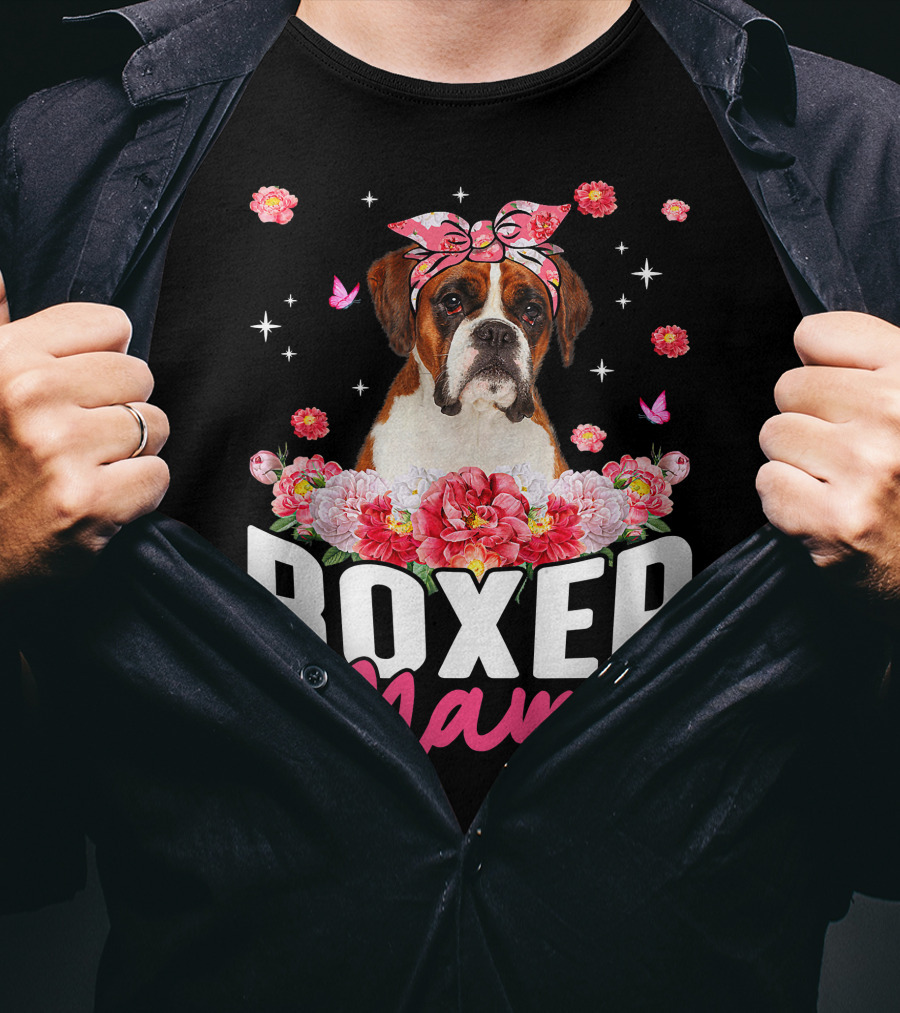 Boxer Mama Flower Bandana Blossoms And Butterflies T-Shirt