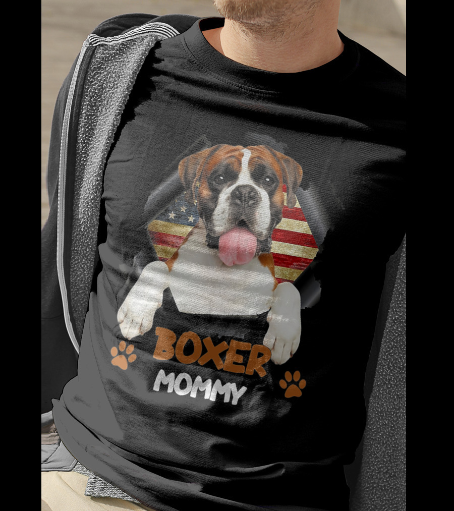 Boxer Mommy Dog With Torn American Flag Background T-Shirt