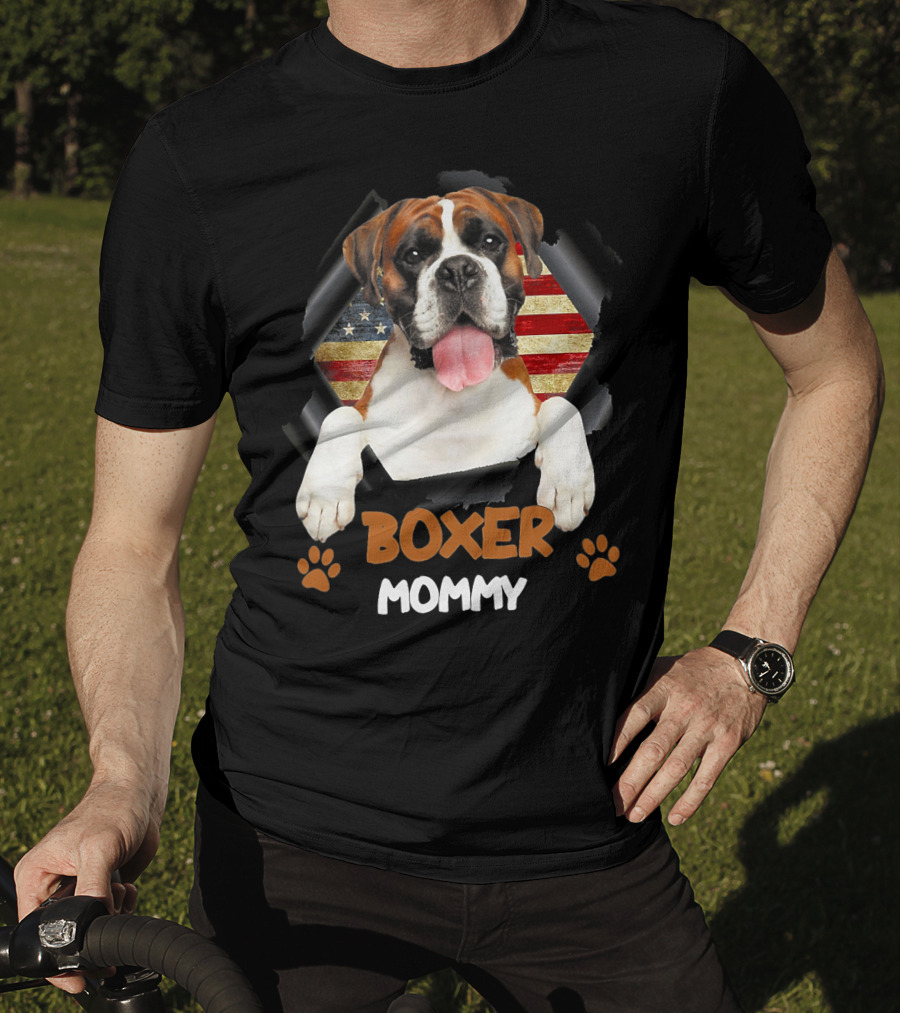 Boxer Mommy Dog With Torn American Flag Background T-Shirt