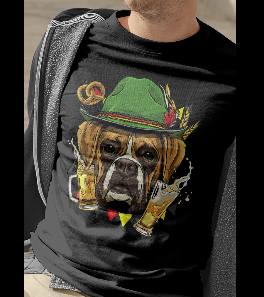 Oktoberfest Boxer Dog Lederhosen Beer Pretzel Hat T-Shirt