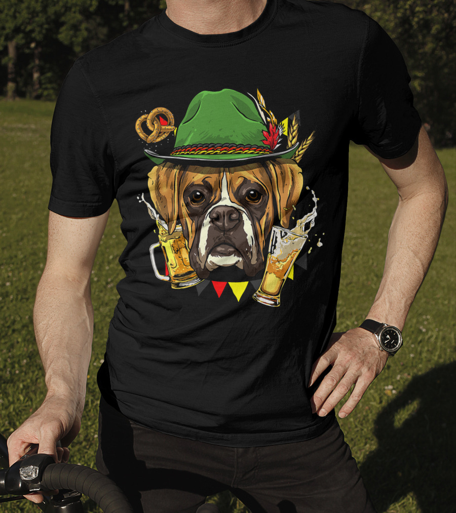 Oktoberfest Boxer Dog Lederhosen Beer Pretzel Hat T-Shirt