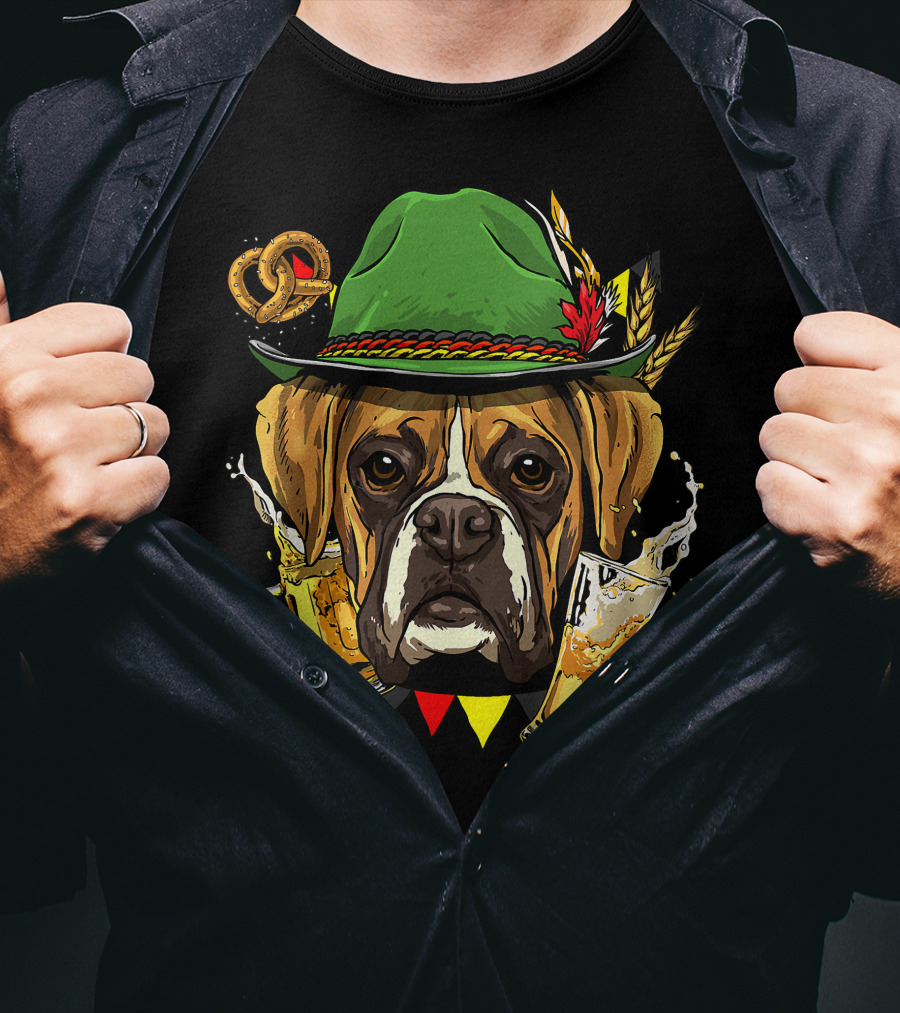 Oktoberfest Boxer Dog Lederhosen Beer Pretzel Hat T-Shirt