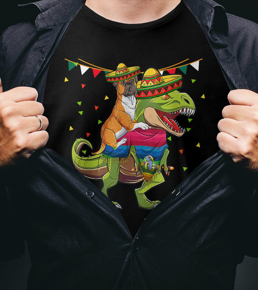Boxer Dog With Sombrero Riding Dinosaur Rex Fiesta Flag Party T-Shirt