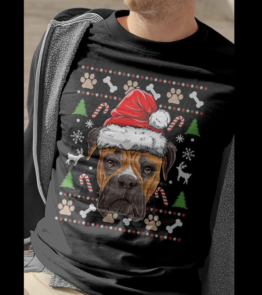 Seasonal Spirit Boxer In Christmas Santa Hat With Candy Canes And Snowflakes T-Shirt