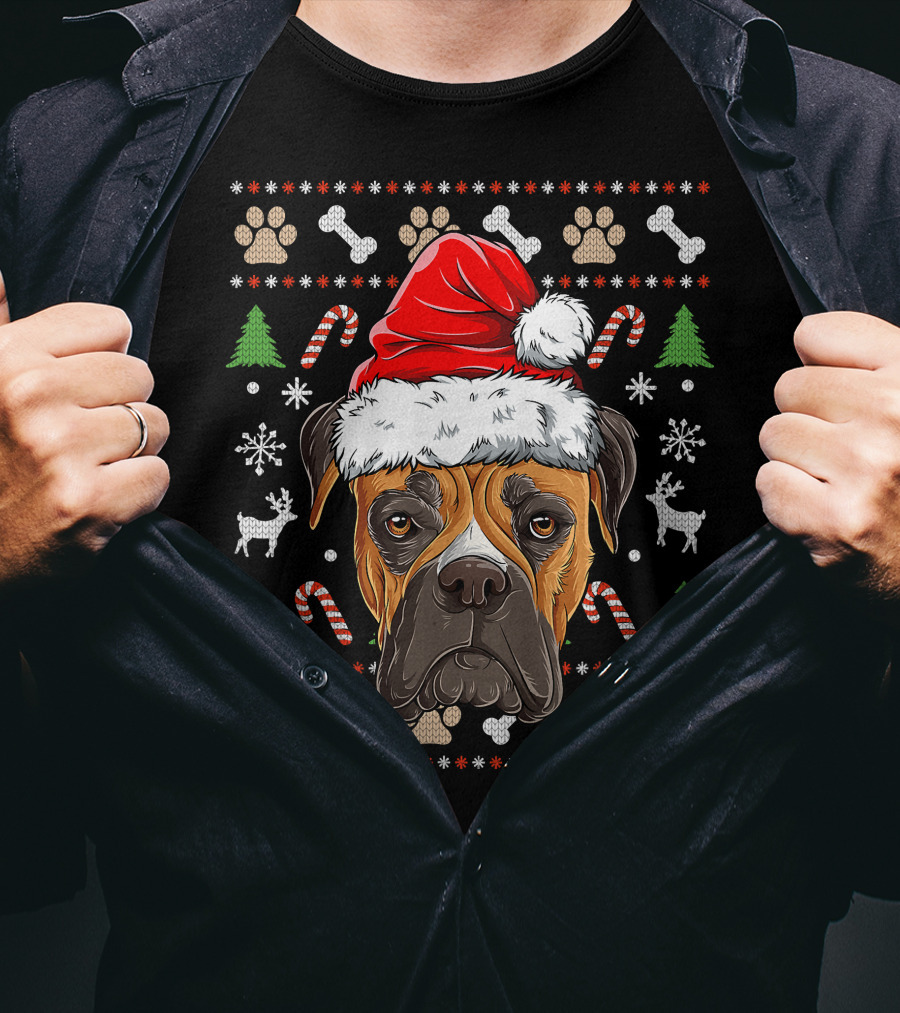 Seasonal Spirit Boxer In Christmas Santa Hat With Candy Canes And Snowflakes T-Shirt