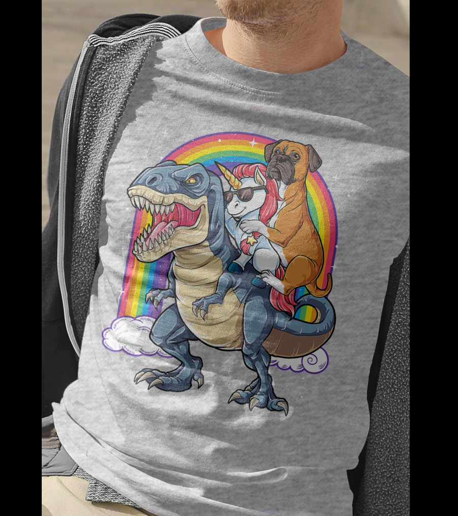 Boxer Riding Dinosaur Unicorn T-Shirt