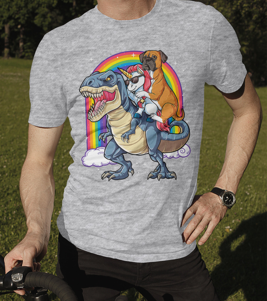 Boxer Riding Dinosaur Unicorn T-Shirt