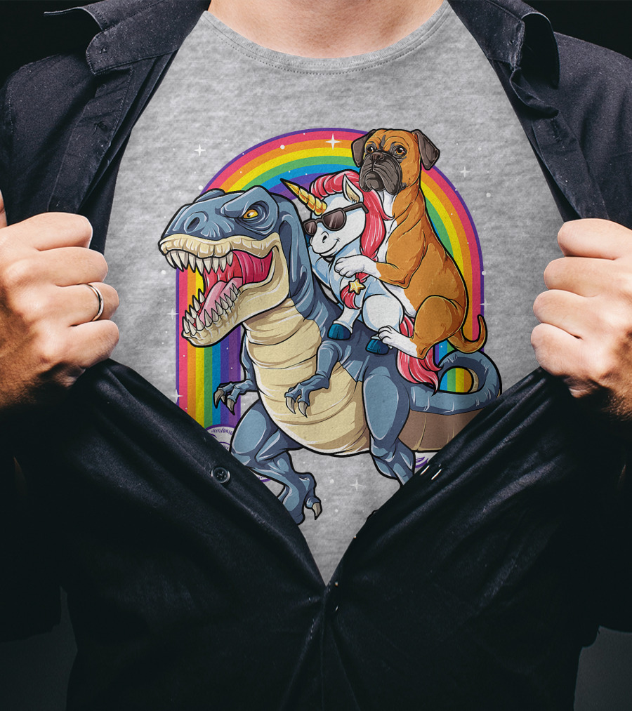 Boxer Riding Dinosaur Unicorn T-Shirt