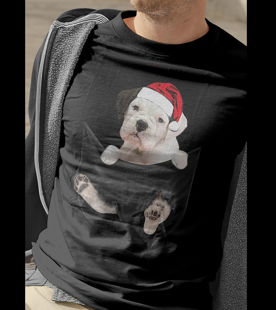 White Boxer Dog Santa Hat Christmas Pocket Mid-Length T-Shirt