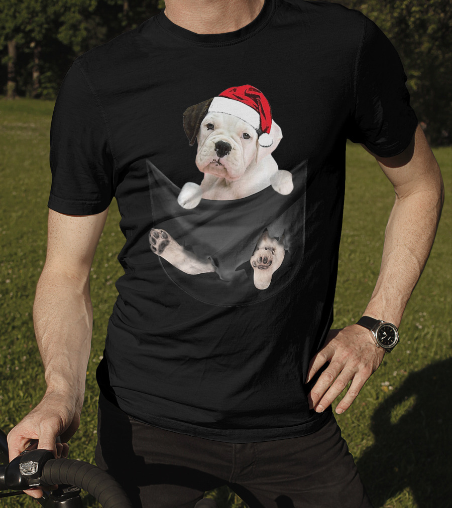 White Boxer Dog Santa Hat Christmas Pocket Mid-Length T-Shirt