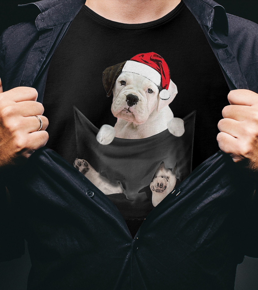 White Boxer Dog Santa Hat Christmas Pocket Mid-Length T-Shirt