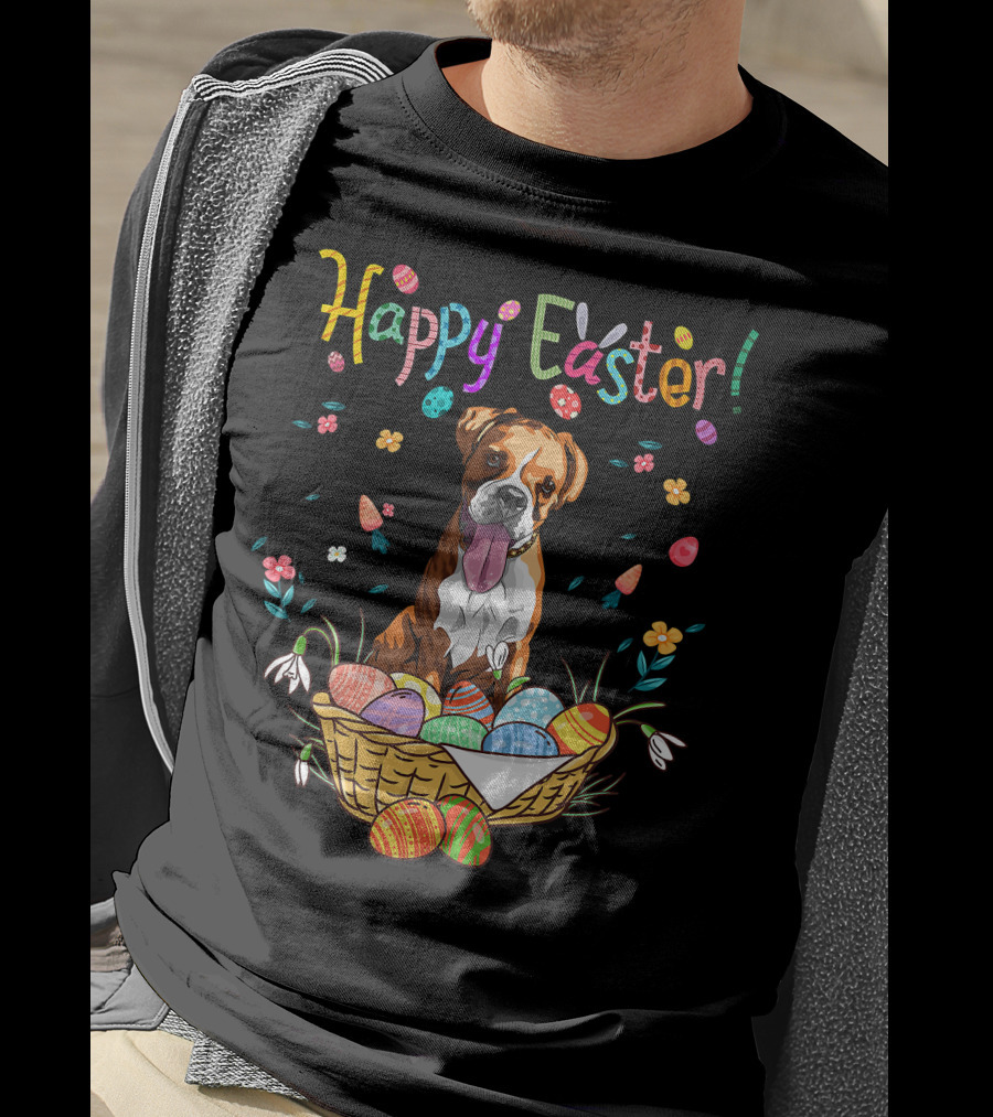 Happy Easter Bunny Boxer Dog In Egg Basket T-Shirt