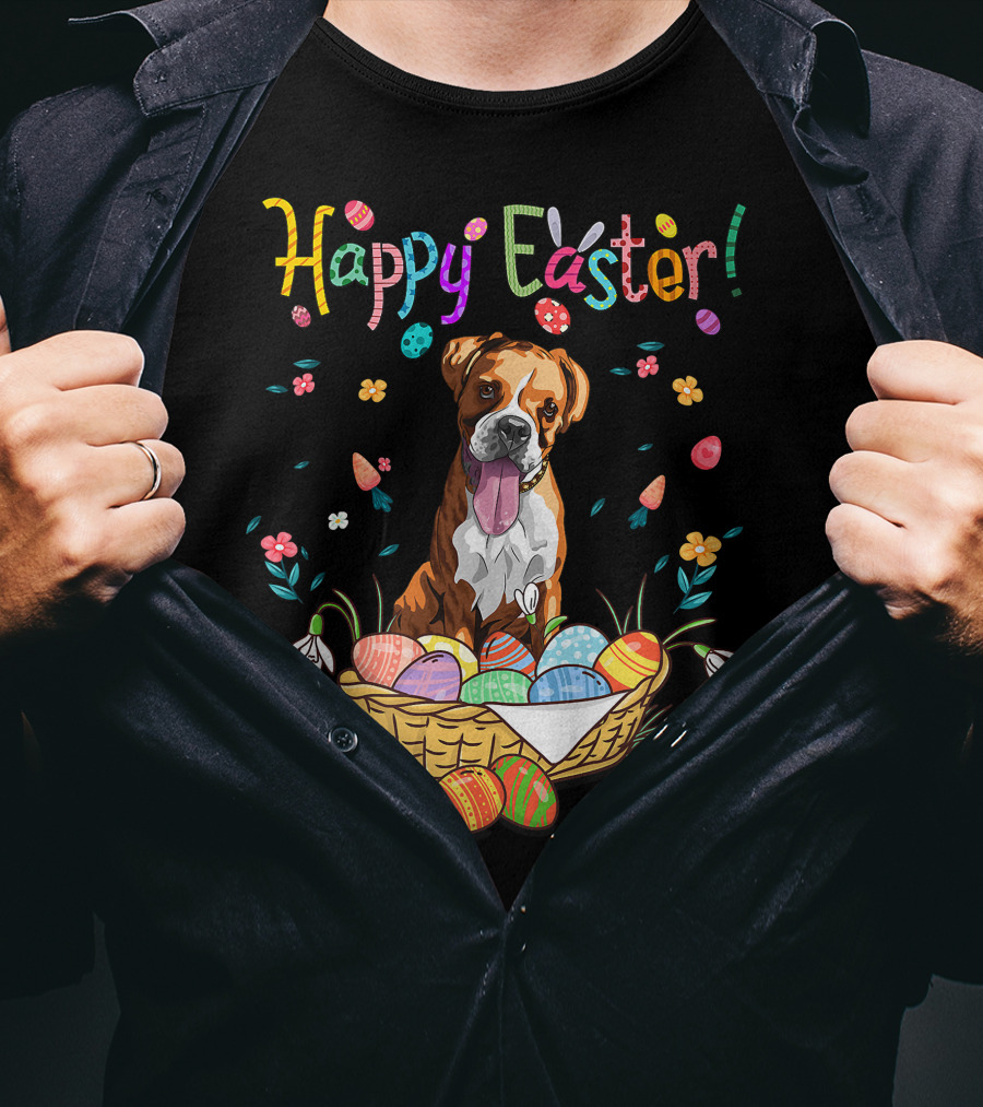 Happy Easter Bunny Boxer Dog In Egg Basket T-Shirt
