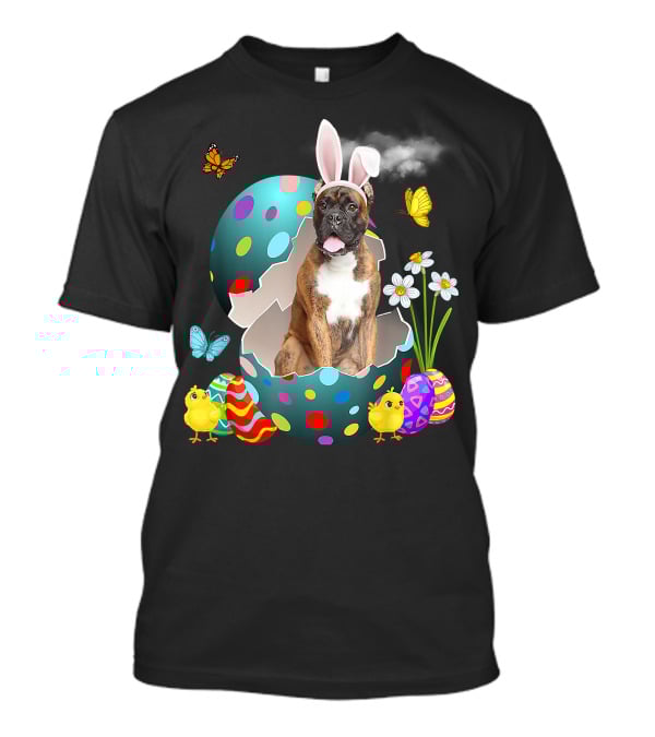 Bunny Boxer Dog With Easter Eggs Chicks Butterflies And Flowers T-Shirt