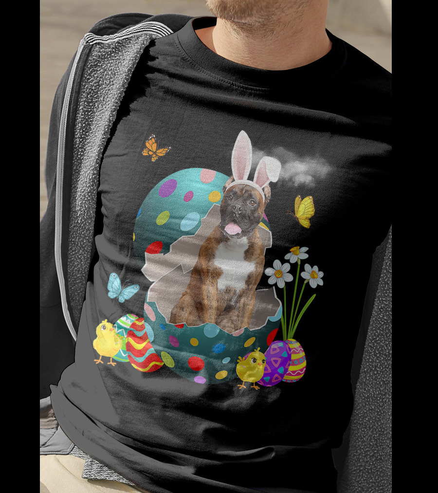 Bunny Boxer Dog With Easter Eggs Chicks Butterflies And Flowers T-Shirt