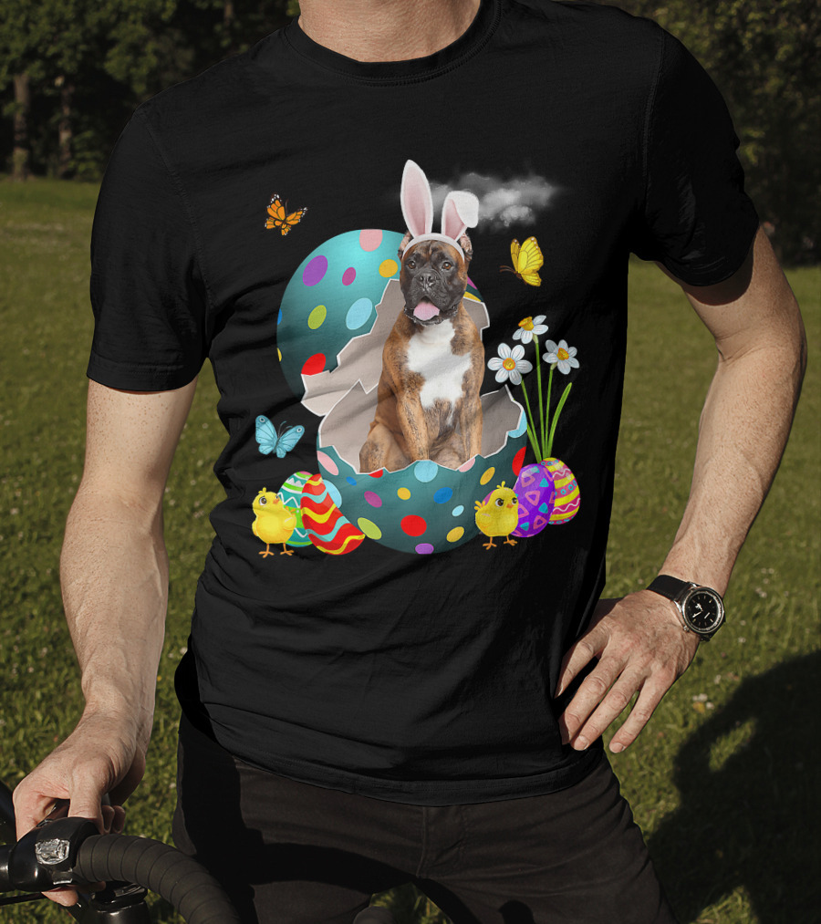 Bunny Boxer Dog With Easter Eggs Chicks Butterflies And Flowers T-Shirt